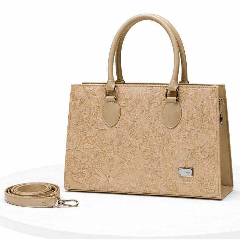 Beige Floral Embossed Tote Bag for Women - Structured with Detachable Strap