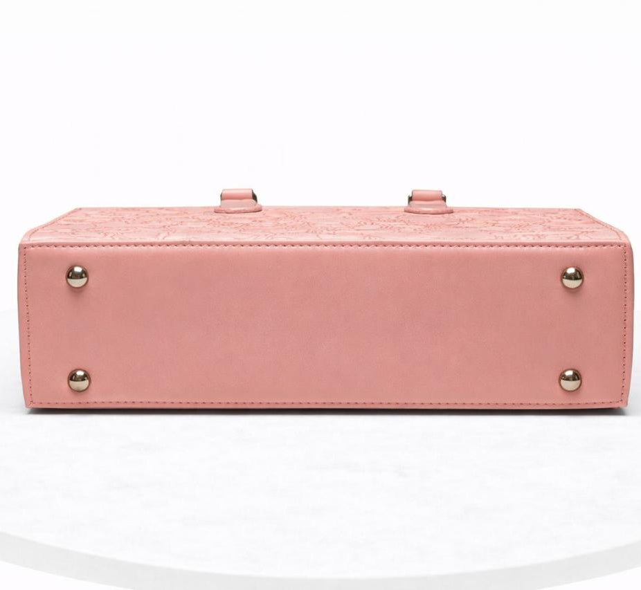 Floral Embossed Tote Bag for Women - Blush Pink with Detachable Strap