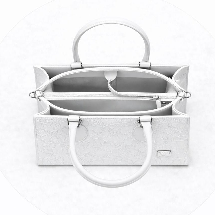 White Floral Embossed Tote Bag for Women - Structured Elegance