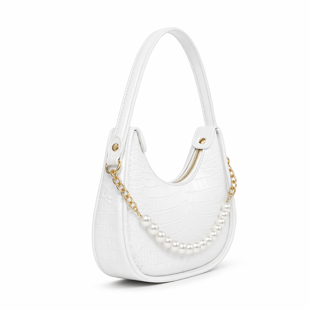 Bagiffy | Luna Pearl Hobo Bag – Croc-Embossed White Shoulder Bag