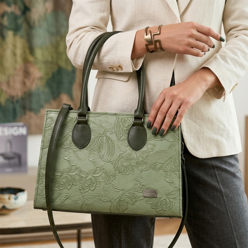 Sage Green Floral Embossed Tote Bag for Women with Detachable Strap