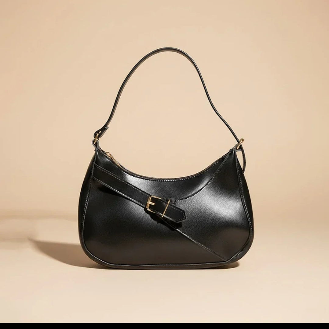 Sleek black Handbag with Gold Buckle