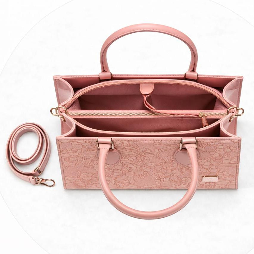 Floral Embossed Tote Bag for Women - Blush Pink with Detachable Strap