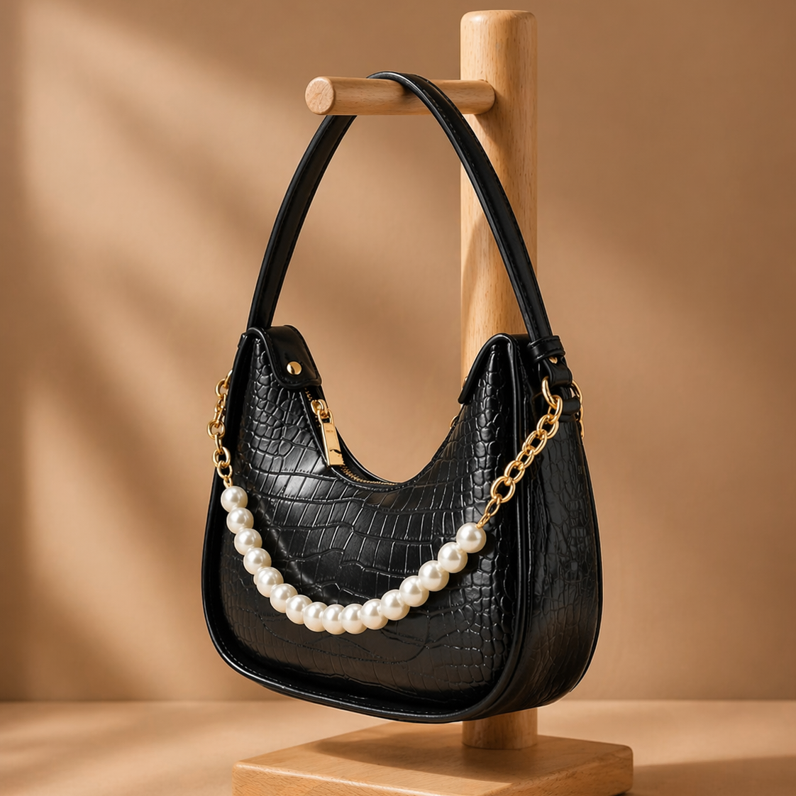 Bagiffy | Luna Pearl Hobo Bag – Croc-Embossed Black Shoulder Bag