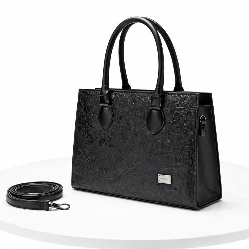 Floral Embossed Tote Bag for Women -  Classic Black with Detachable Strap