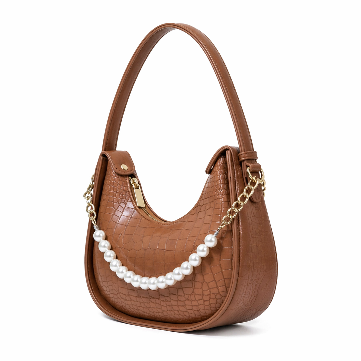 Bagiffy | Luna Pearl Hobo Bag – Croc-Embossed Brown Shoulder Bag