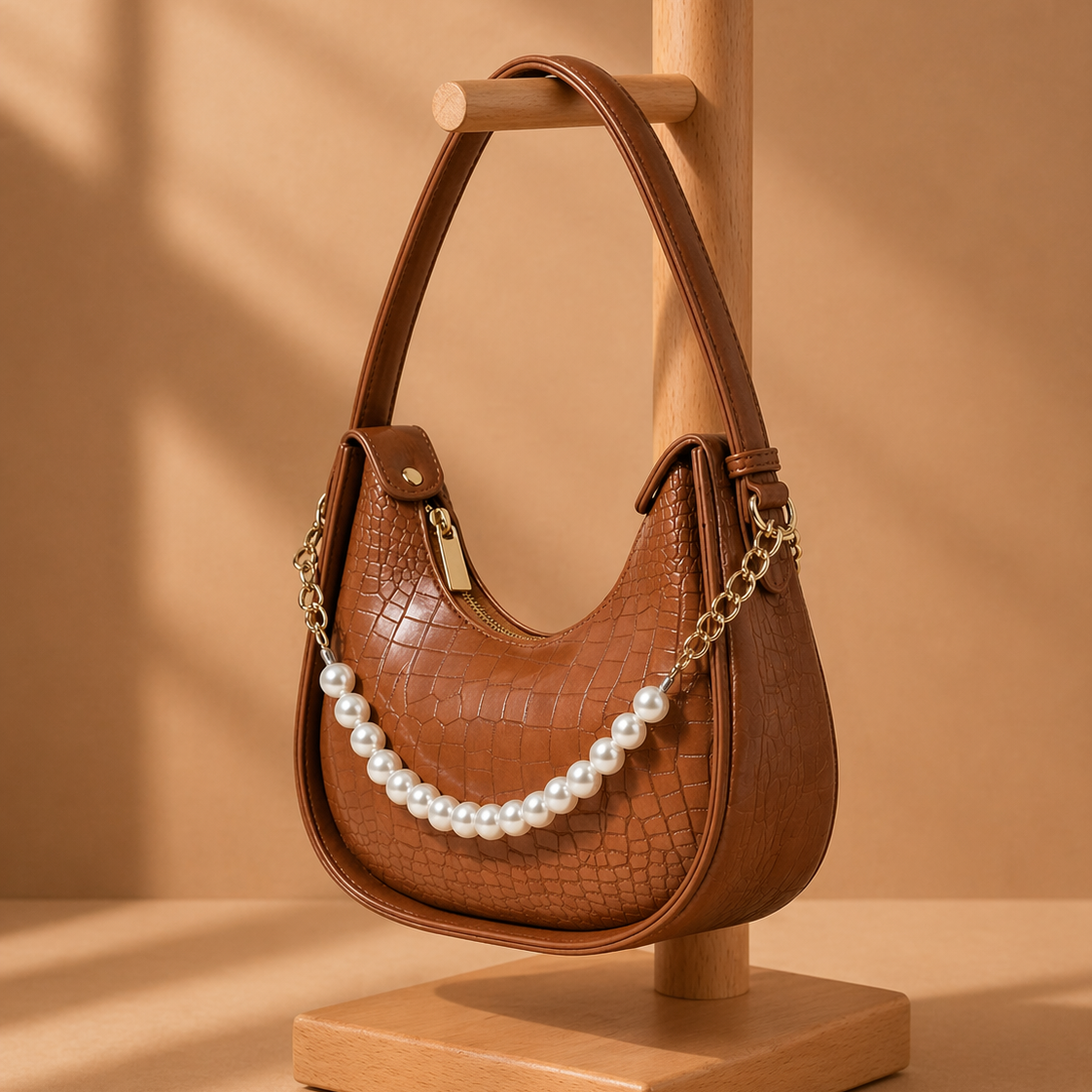 Bagiffy | Luna Pearl Hobo Bag – Croc-Embossed Brown Shoulder Bag