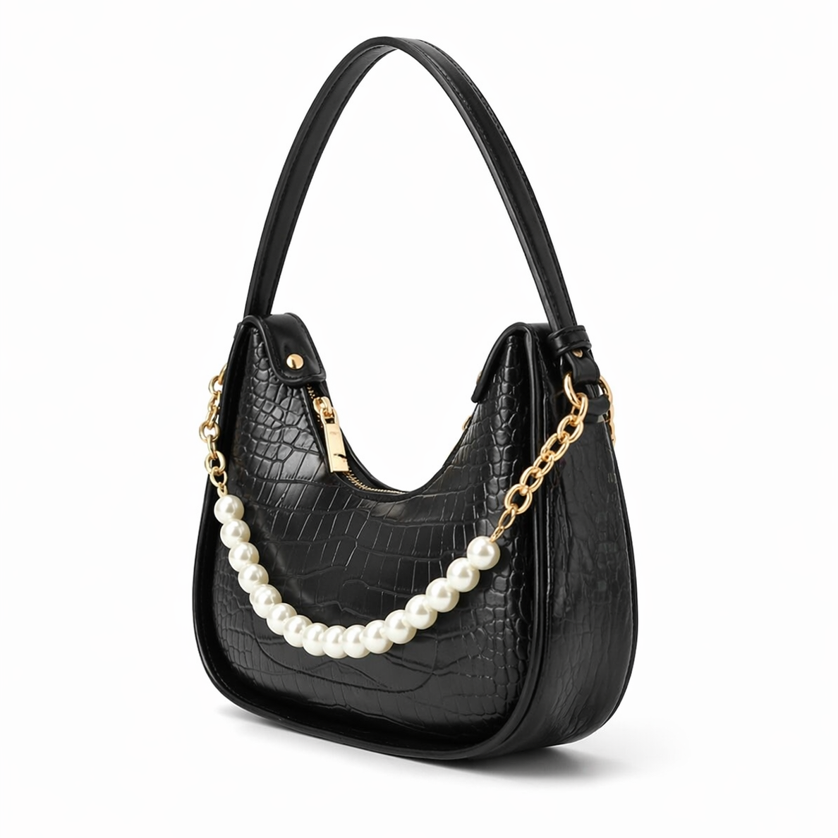 Bagiffy | Luna Pearl Hobo Bag – Croc-Embossed Black Shoulder Bag