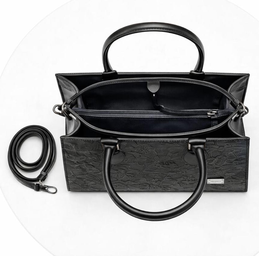 Floral Embossed Tote Bag for Women -  Classic Black with Detachable Strap
