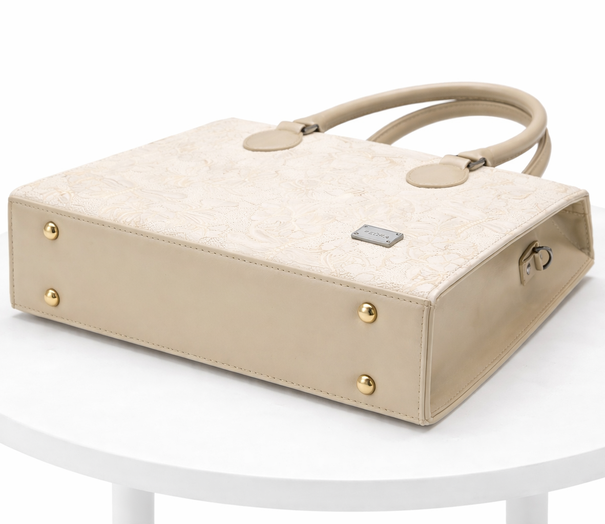 Ivory Floral Embossed Tote Bag for Women - Elegant Structured Handbag