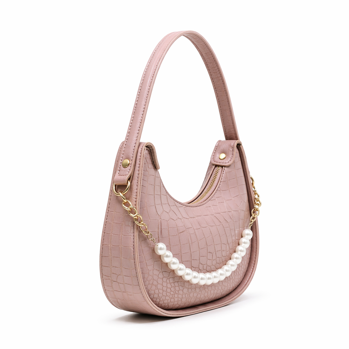 Bagiffy | Luna Pearl Hobo Bag – Croc-Embossed Pink Shoulder Bag