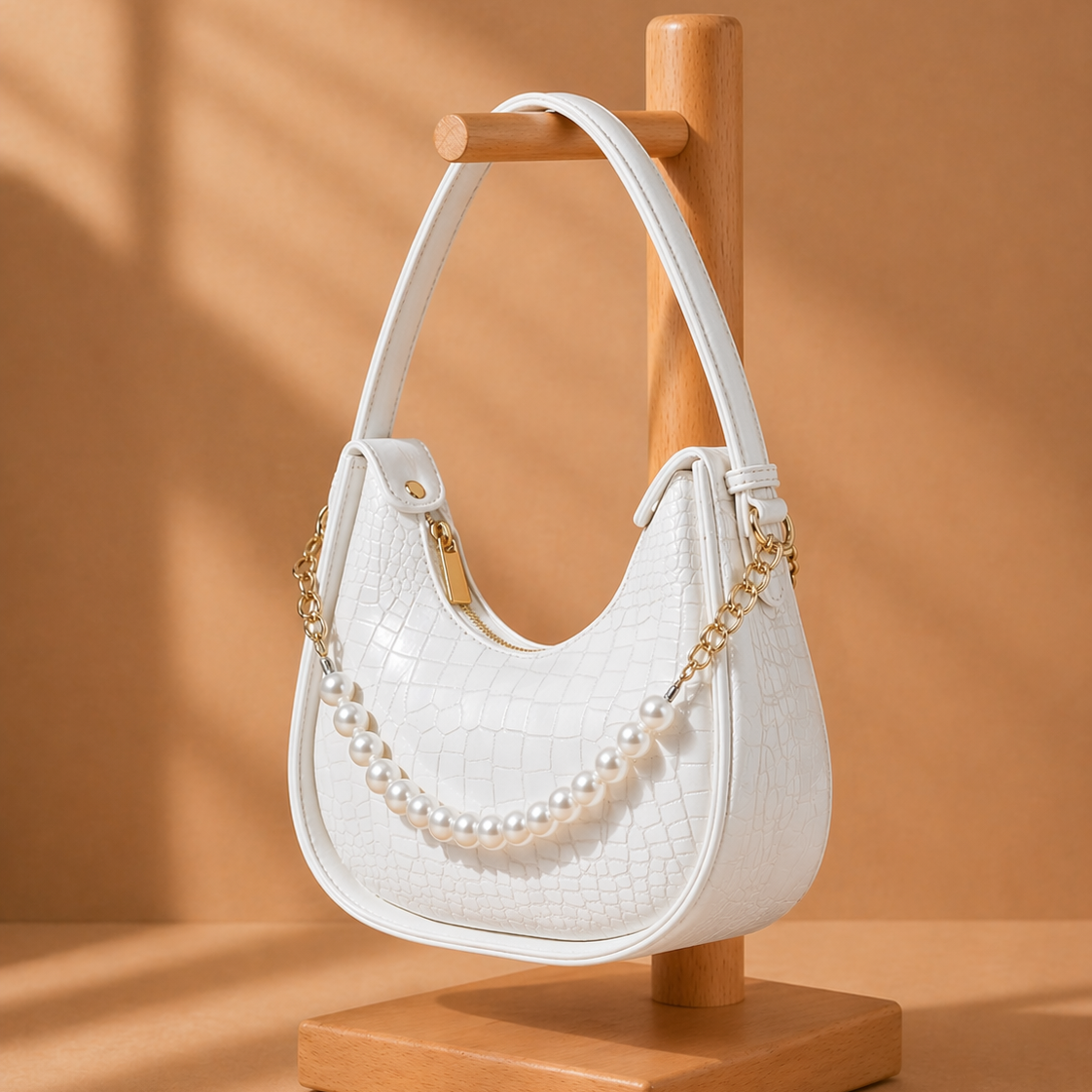 Bagiffy | Luna Pearl Hobo Bag – Croc-Embossed White Shoulder Bag