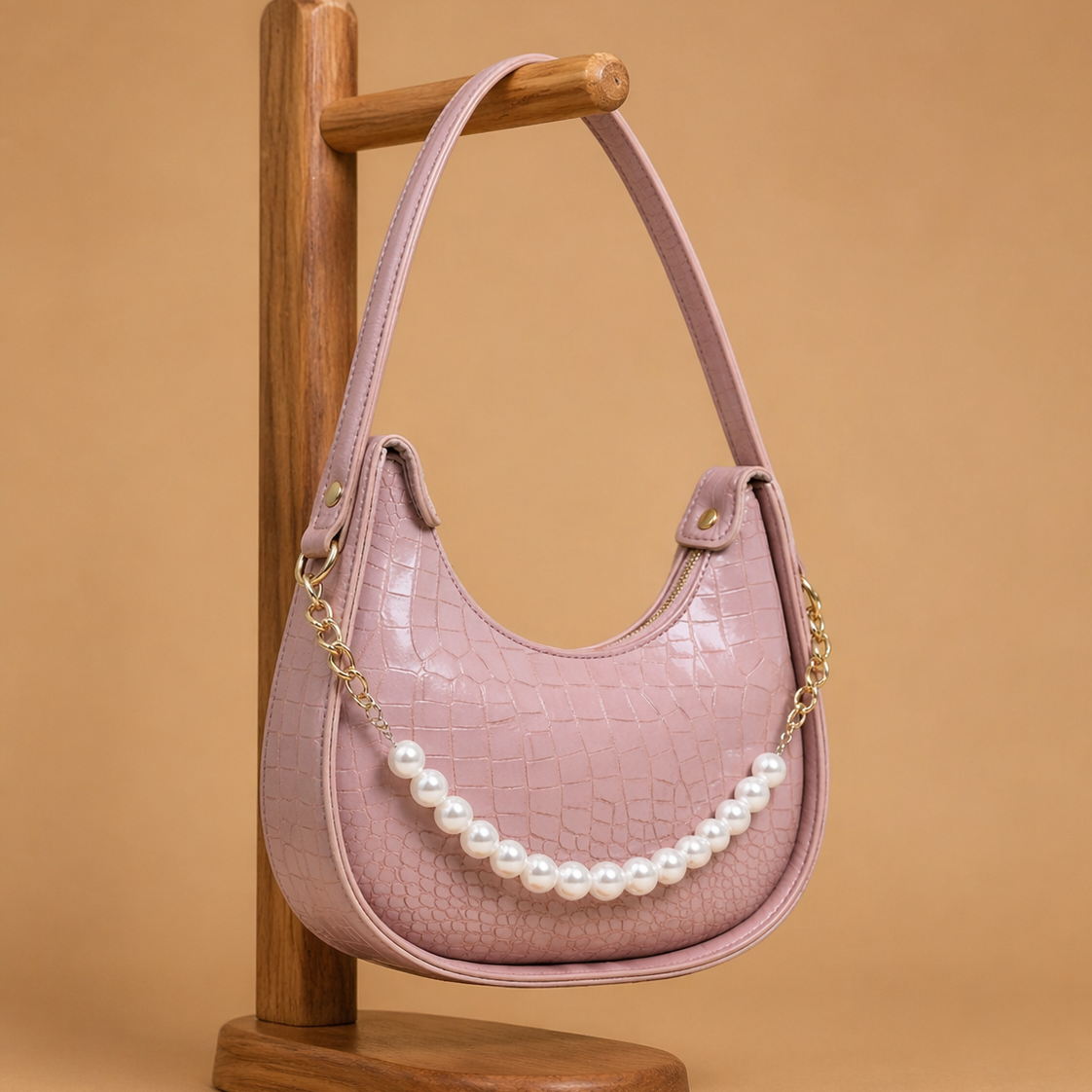 Bagiffy | Luna Pearl Hobo Bag – Croc-Embossed Pink Shoulder Bag
