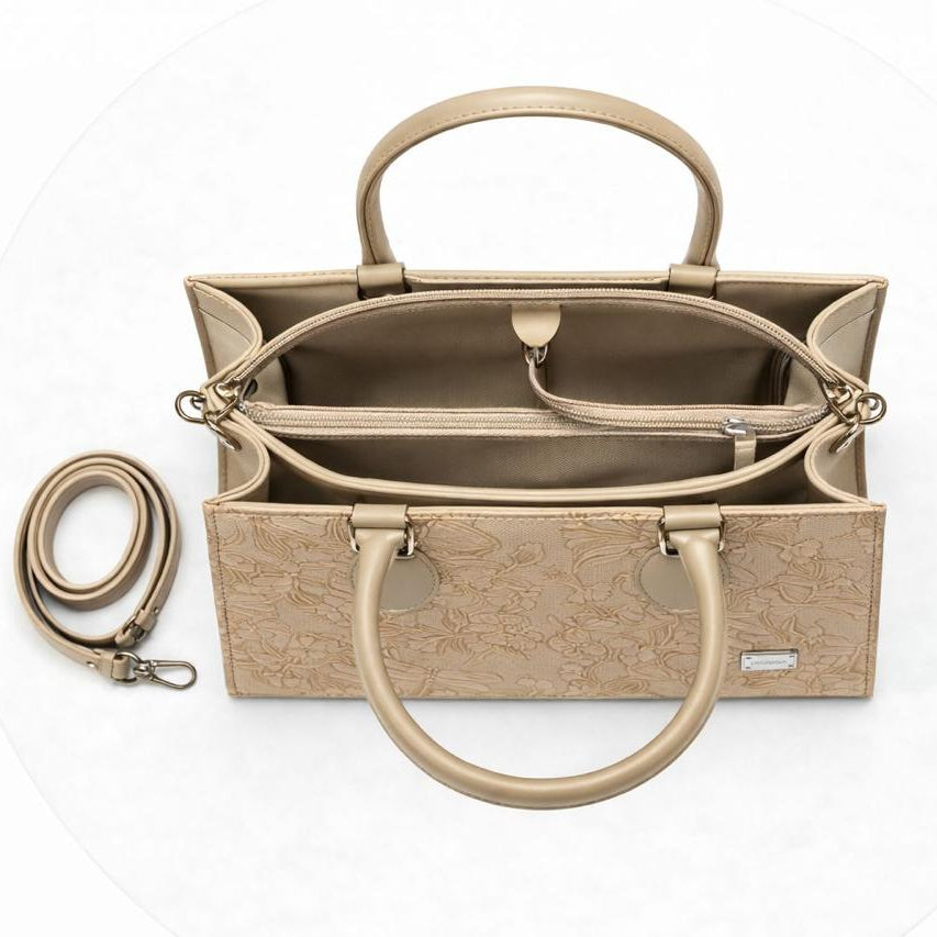 Beige Floral Embossed Tote Bag for Women - Structured with Detachable Strap