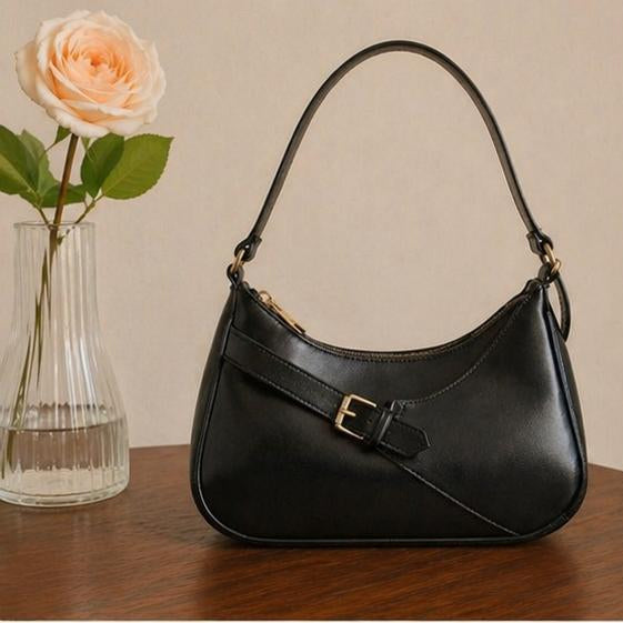 Sleek black Handbag with Gold Buckle
