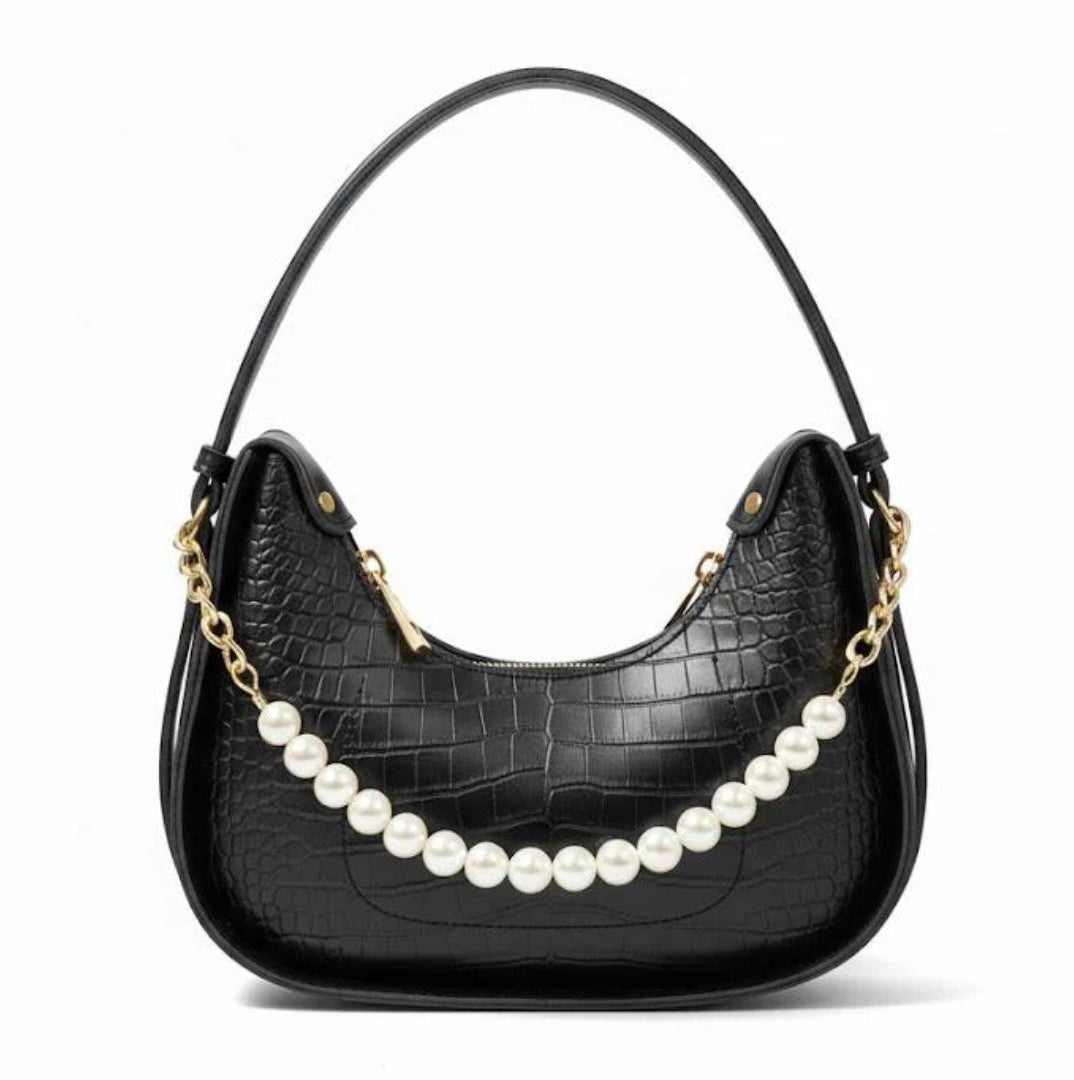 Bagiffy | Luna Pearl Hobo Bag – Croc-Embossed Black Shoulder Bag