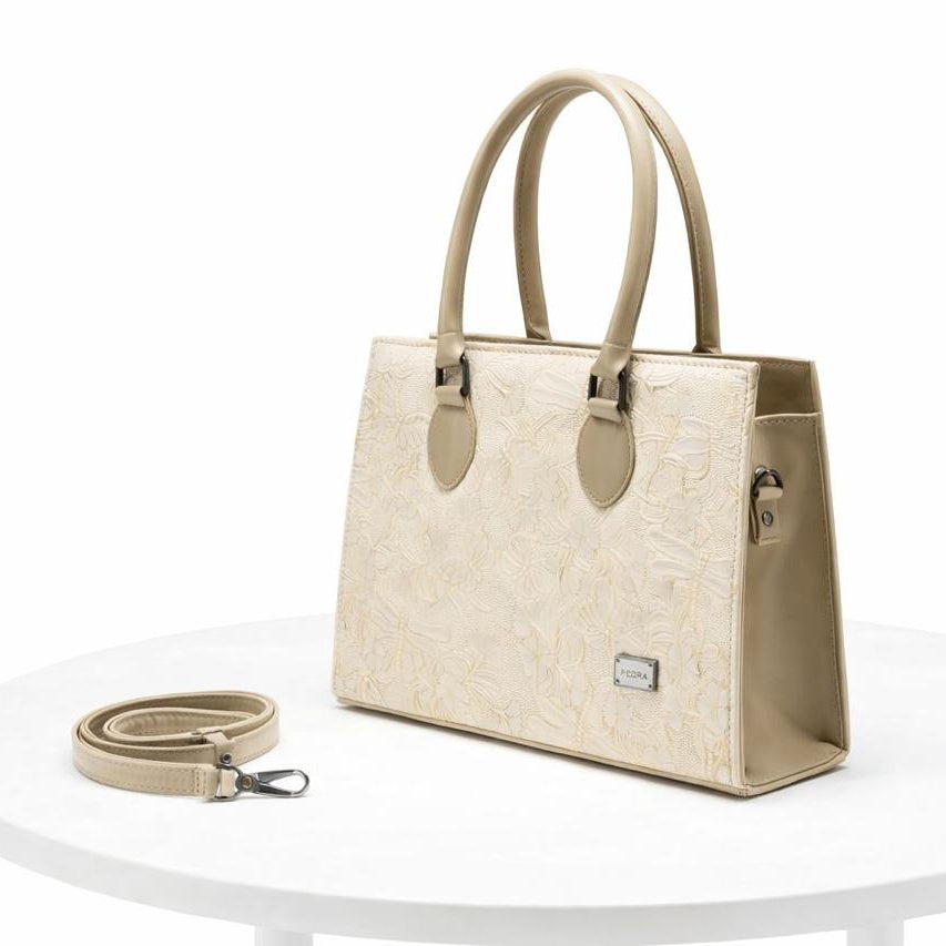 Ivory Floral Embossed Tote Bag for Women - Elegant Structured Handbag