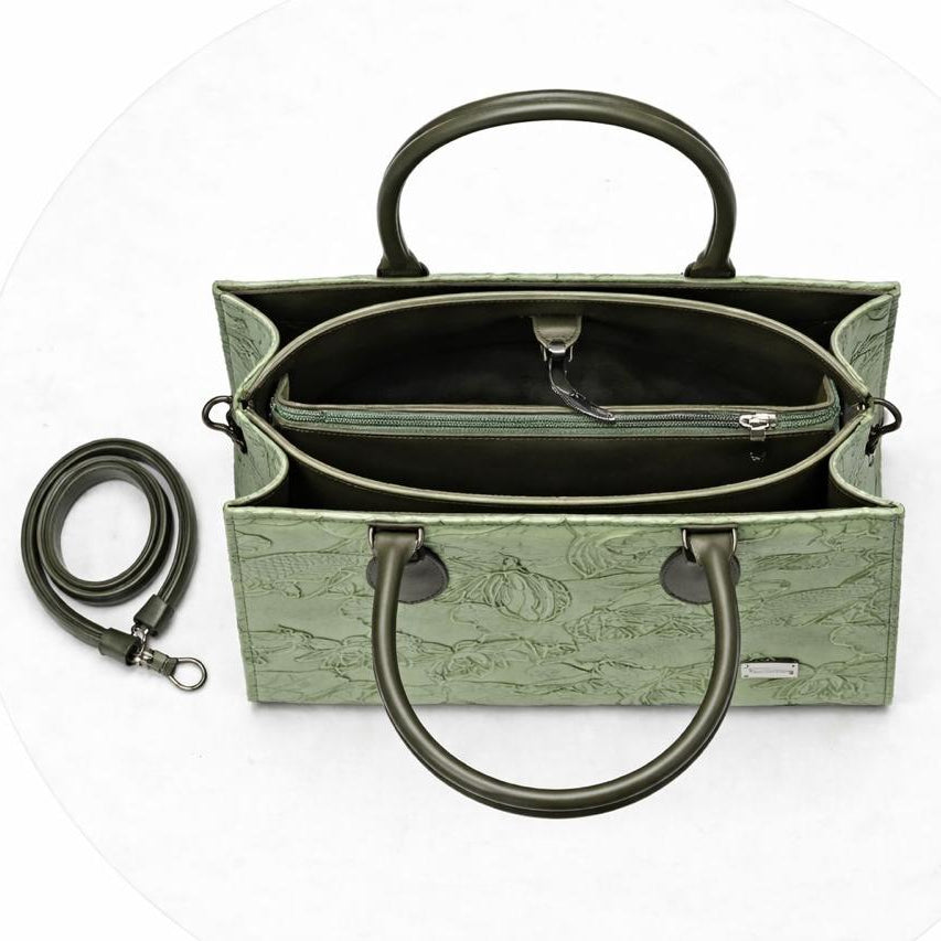 Sage Green Floral Embossed Tote Bag for Women with Detachable Strap