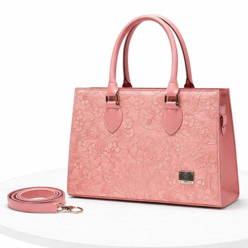 Floral Embossed Tote Bag for Women - Blush Pink with Detachable Strap