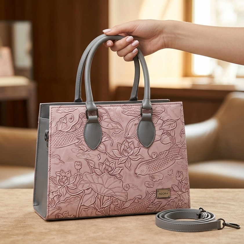 Lotus Embossed Tote Bag - Blush Pink & Grey