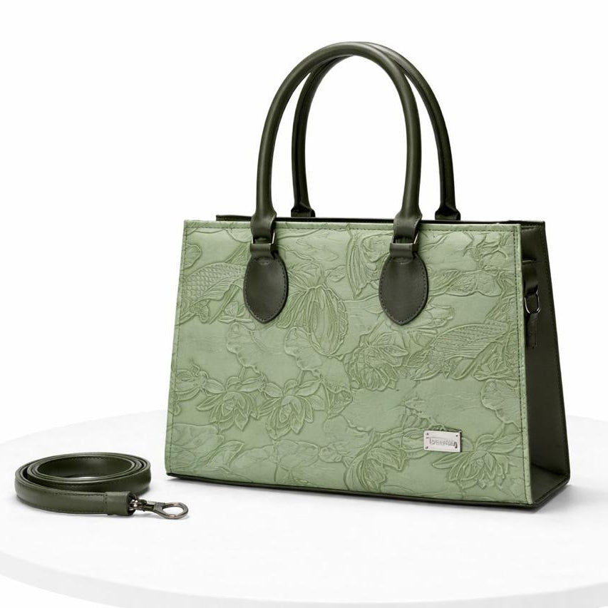 Sage Green Floral Embossed Tote Bag for Women with Detachable Strap