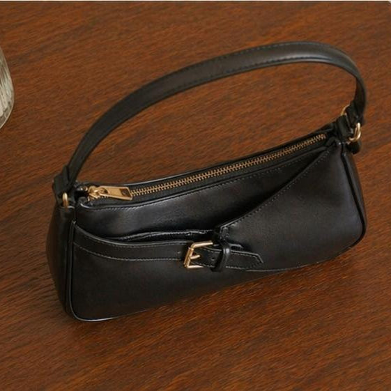 Sleek black Handbag with Gold Buckle