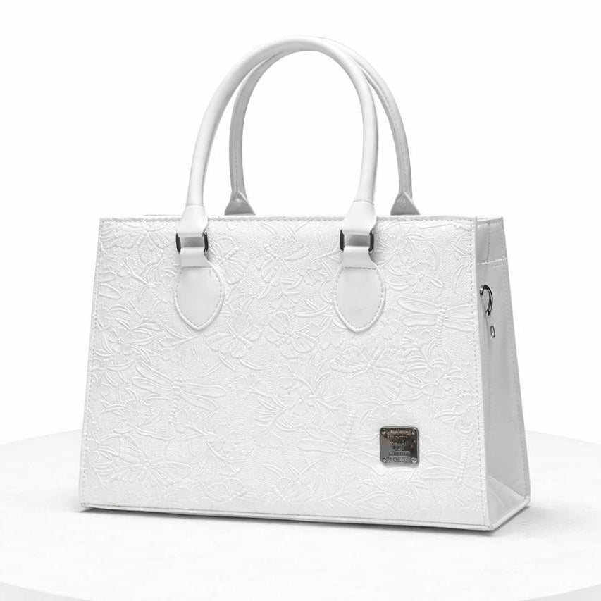 White Floral Embossed Tote Bag for Women - Structured Elegance