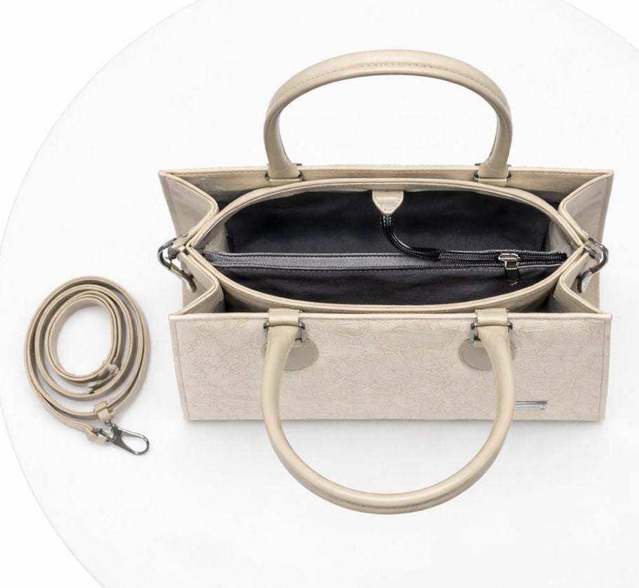 Ivory Floral Embossed Tote Bag for Women - Elegant Structured Handbag