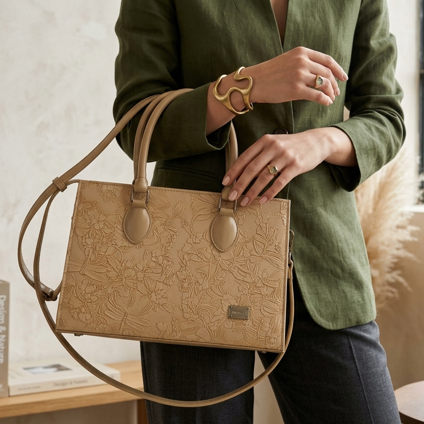 Beige Floral Embossed Tote Bag for Women - Structured with Detachable Strap