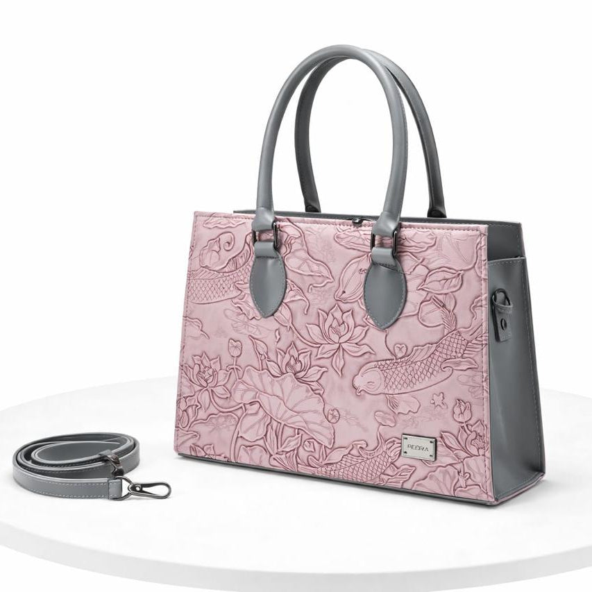 Lotus Embossed Tote Bag - Blush Pink & Grey